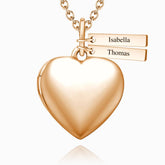 Custom Heart Photo Locket Necklace with Two Engraved Name Bars