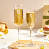 Personalized Bride and Groom Champagne Flutes with Monogram, Names & Date