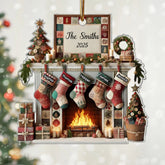 3D Effect Quilting Patchwork Fabric Patterns Fireplace Family Names Custom Acrylic Christmas Ornament 2025