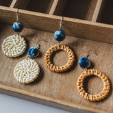 Handmade Indigo Tie Dye Rattan Earrings with Silver Hooks Boho Style