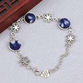Handmade Floral Silver Bracelet with Vintage Indigo Tie-Dye Insets