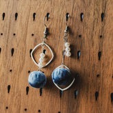 Handmade Indigo Tie-Dye Earrings with Pearl Beads Geometric Ethnic Design