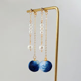 Handmade Indigo Tie-Dye Earrings With Gold Chains and Pearl Studs