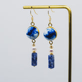 Handmade Indigo Tie-Dye Gold Earrings with Blue Stone and Pearl Drops