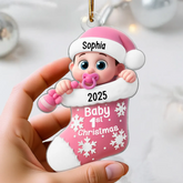Cute Cartoon Baby In Stocking Baby's 1st Christmas Custom Acrylic Ornament