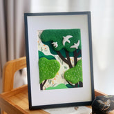 Birdsong in the Trees Handmade Framed Felt Art for Peaceful Desk Decor