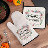 Custom Flower Print Oven Mitt and Pot Holder Set with Your Text