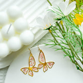 Golden Flutter Butterfly Resin Earrings with Pressed Pink Flowers