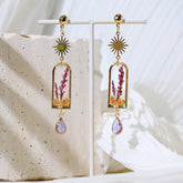 Purple Bloom Dried Flower Resin Earrings with Crystal Drop