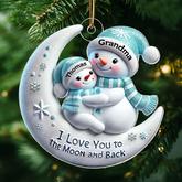 3D Effect Snowman Grandma and Grandkid On The Moon Custom Acrylic Christmas Ornament