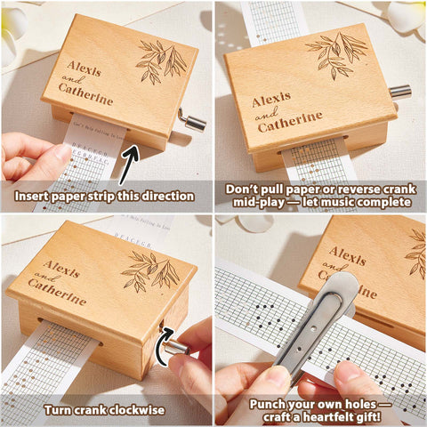 Custom Text Hand-Cranked Paper Strip Music Box – 15-Note Movement with 2 Pre-Printed 15-Second Melodies