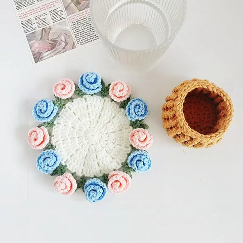 Spring Bloom Crochet Rose Coaster Handmade Gift for Her