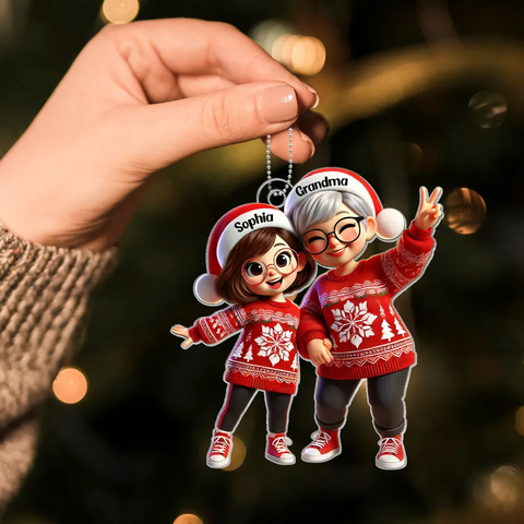 3D Effect Happy Grandma with Grandkids Custom Christmas Acrylic Ornament