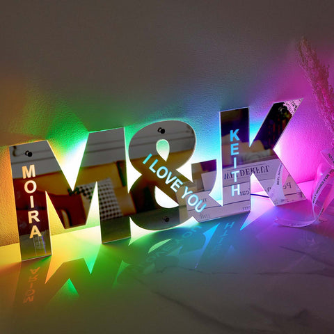 Custom Couple Initials and Names Mirror Light Personalized LED Wall Decor