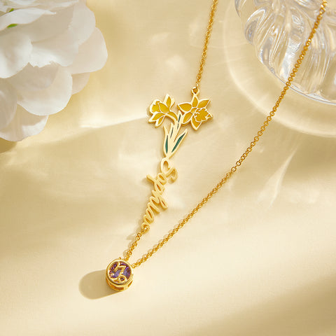 Personalized Birth Flower & Star Sign Name Necklace