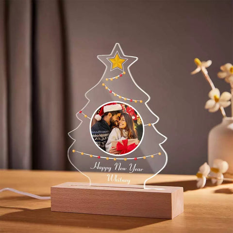 Custom 3D Christmas Tree Acrylic Night Light with Family Photo & Text