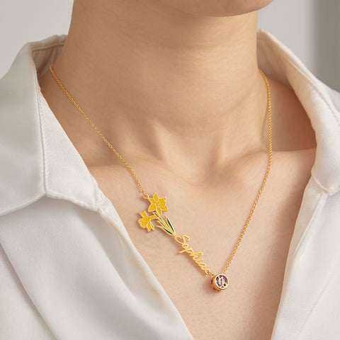 Personalized Birth Flower & Star Sign Name Necklace