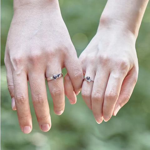 Personalized Photo Projection Ring Set – Adjustable Couple Silver Rings for Him and Her