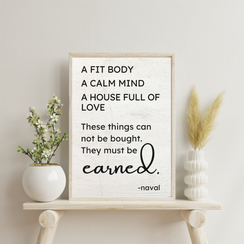 Naval Wisdom Framed Art: Calm Mind, Fit Body, Full of Love, Minimalist Quote Canvas