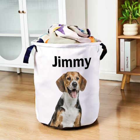 Custom Pet Photo Storage Basket with Name Toy & Laundry Organizer for Kids or Pet Lovers