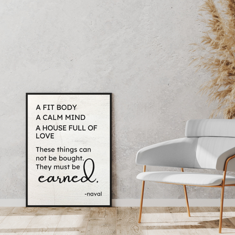 Naval Wisdom Framed Art: Calm Mind, Fit Body, Full of Love, Minimalist Quote Canvas