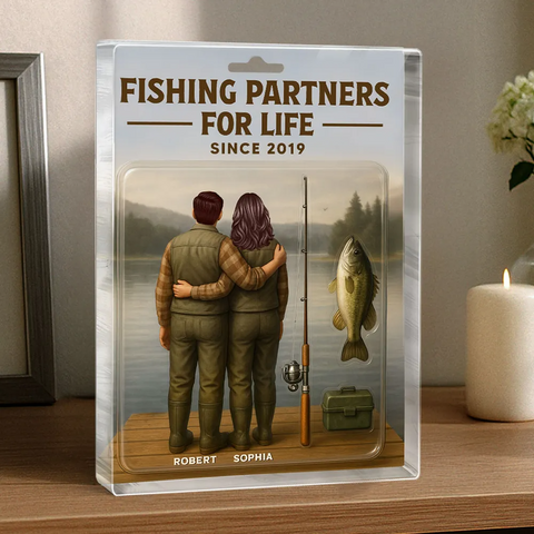 "Fishing Partners For Life" 3D Effect Custom Couple Figurine Acrylic Block 