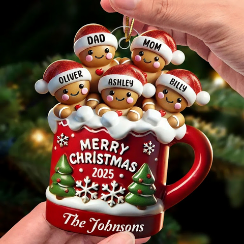 Gingerbread Family In Hot Cocoa Christmas Decor Custom Acrylic Ornament