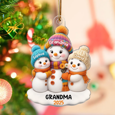 Snowman Grandma and Grandkids Custom Christmas Acrylic Ornament