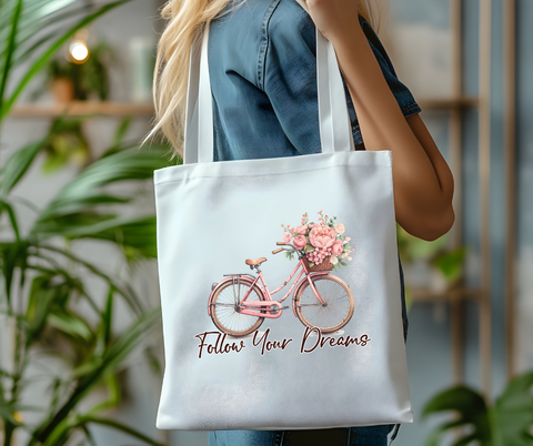 Follow Your Dreams Floral Bicycle Canvas Tote Bag