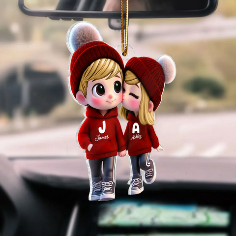3D Effect Cute Cartoon Couple Walking Hand in Hand Custom Car Ornament