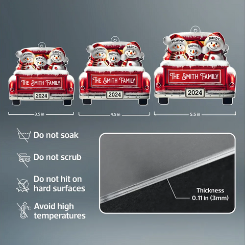 3D Effect Custom Snowman Family Red Car Acrylic Christmas Ornament 