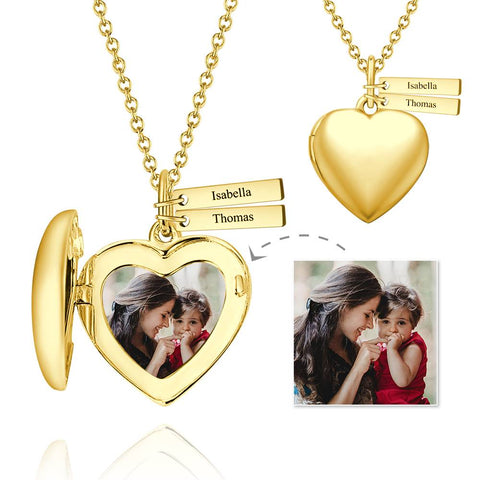 Custom Heart Photo Locket Necklace with Two Engraved Name Bars