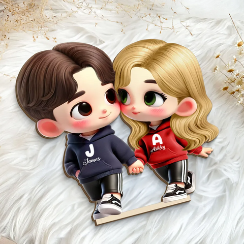 3D Effect Cute Cartoon Couple Holding Hands Custom Standing Wooden Plaque