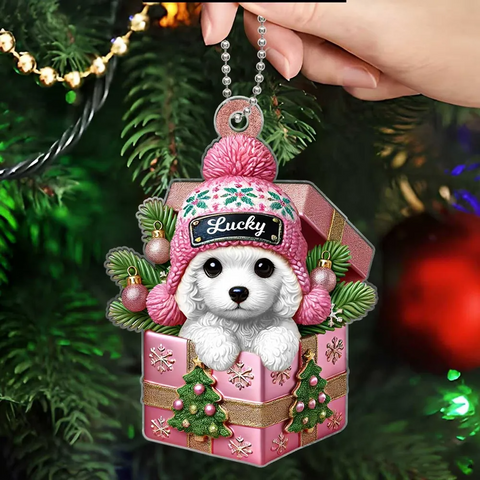 Cute Poodle Dog Inside the Gift Box Custom 2D Flat Acrylic Christmas Pet Ornament