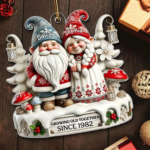 3D Effect Gnome Couple Together Custom Acrylic Christmas Ornament