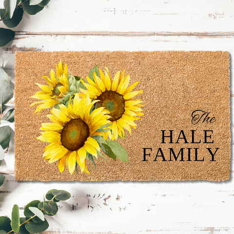 Radiant Sunflower Garden Coir Doormat with Custom Family Name