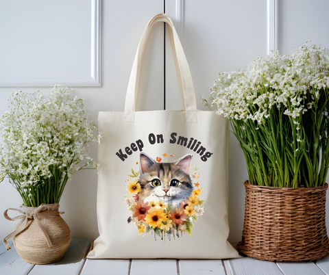 Keep On Smiling Cat Canvas Tote Bag