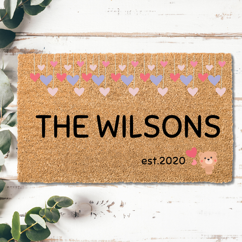Personalized Family Name Cute Heart and Bear Welcome Mat