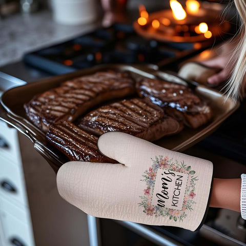 Custom Flower Print Oven Mitt and Pot Holder Set with Your Text