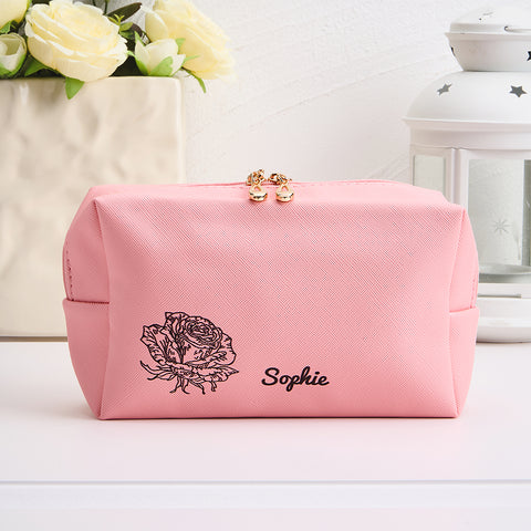 Custom Birth Flower Leather Makeup Bag