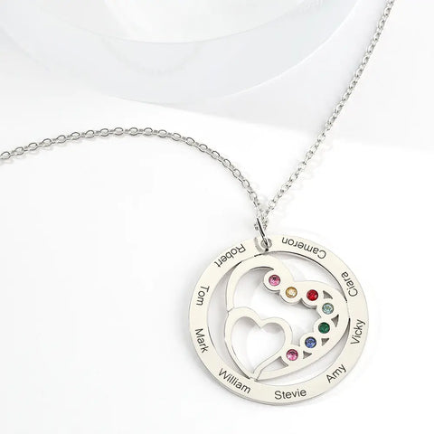 Custom Birthstone Circle Necklace with Engraved Names & Heart Design