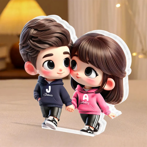 3D Effect Cute Cartoon Couple Holding Hands Custom Acrylic Block Plaque