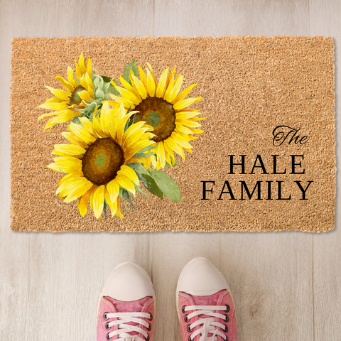 Radiant Sunflower Garden Coir Doormat with Custom Family Name
