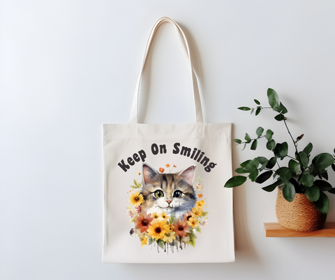Keep On Smiling Cat Canvas Tote Bag