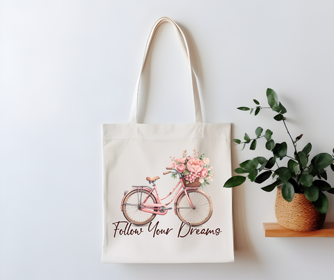 Follow Your Dreams Floral Bicycle Canvas Tote Bag