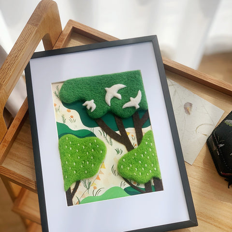 Birdsong in the Trees Handmade Framed Felt Art for Peaceful Desk Decor