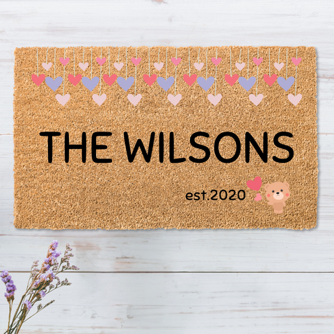 Personalized Family Name Cute Heart and Bear Welcome Mat