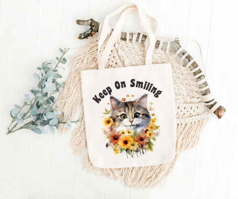 Keep On Smiling Cat Canvas Tote Bag