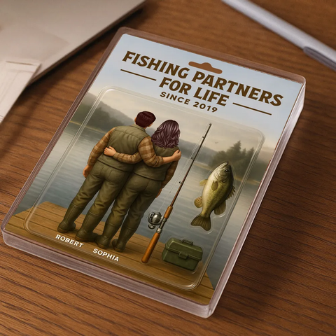 "Fishing Partners For Life" 3D Effect Custom Couple Figurine Acrylic Block 