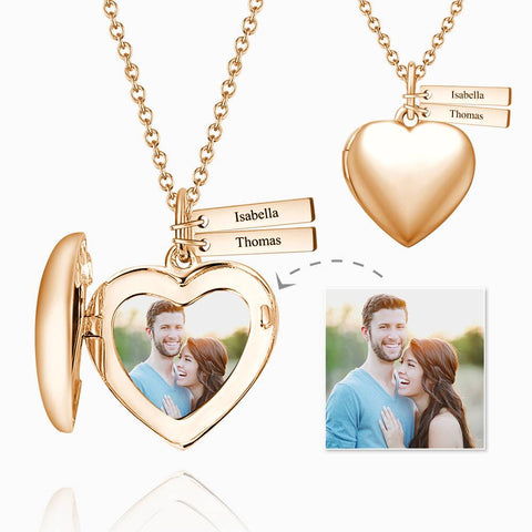 Custom Heart Photo Locket Necklace with Two Engraved Name Bars